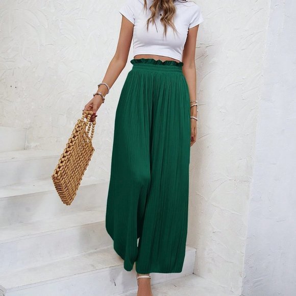 . Pants - Green Boho Womens Paperbag Waist Pleated Wide Leg Pants